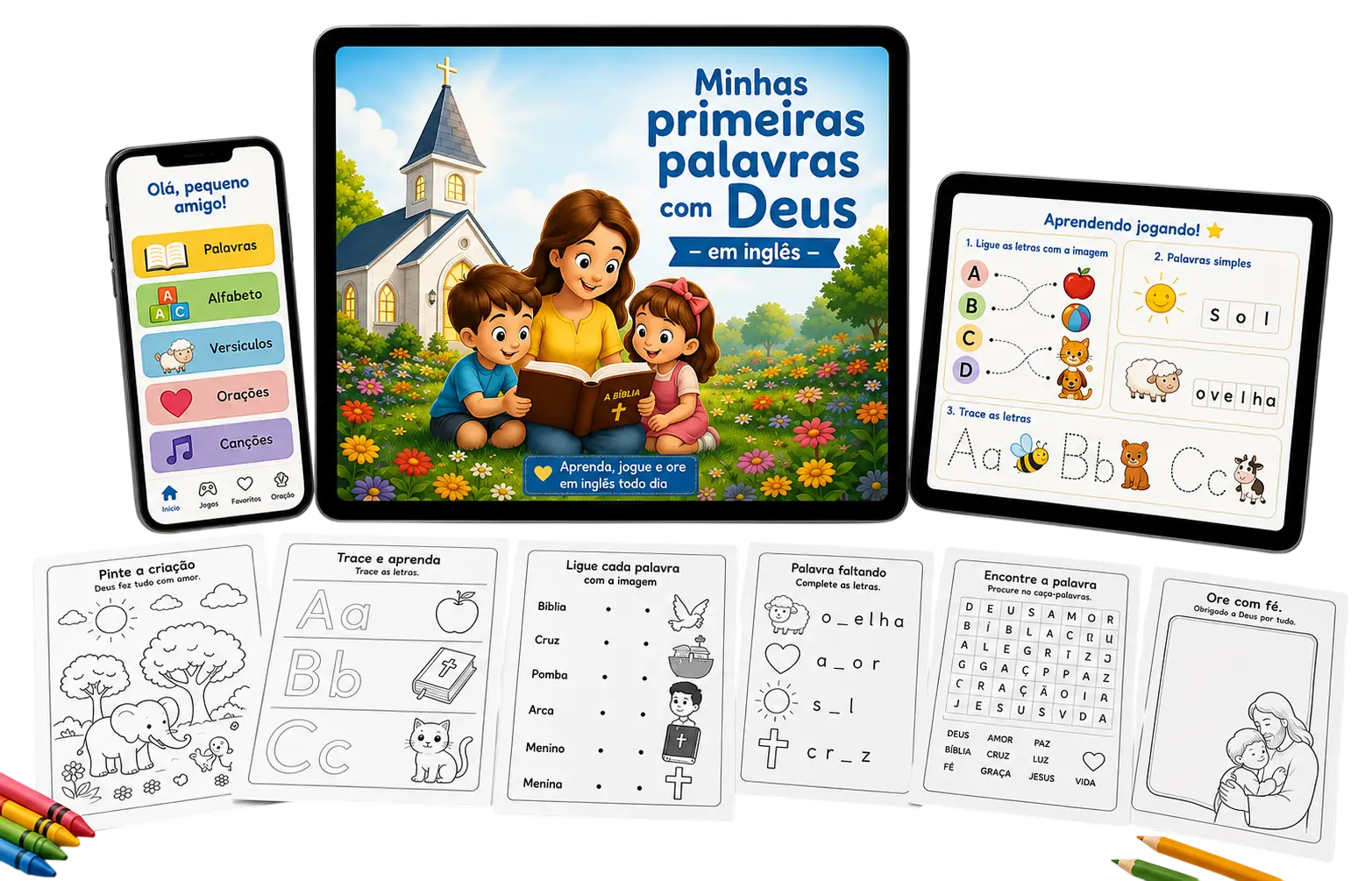 Kit Minhas Primeiras Palavras com Deus: livro bíblico em inglês no tablet e no celular, com páginas de atividades para imprimir